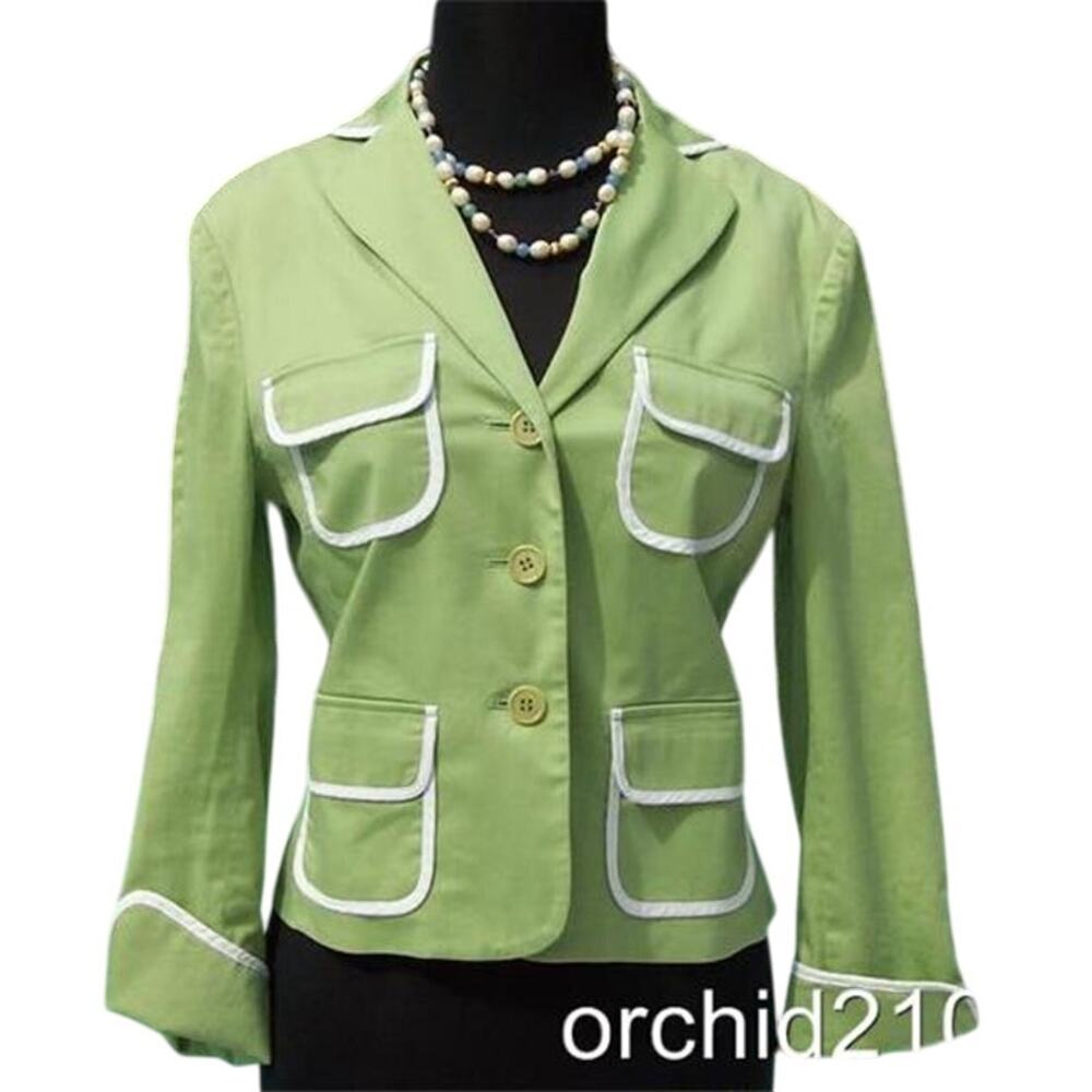 BCBG MAXAZRIA Stretch Cotton Jacket Top XS/S S Lined Green White Trim $222